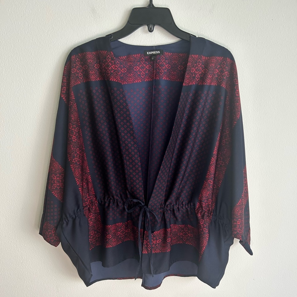 Express Kimono 3/4 Length Sleeve Drawstring Ruched Back Hi-Lo Top Size Large